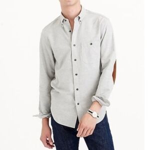 J. Crew White Heathered Chamois Elbow-Patch Botton Down Flannel Cotton Shirt